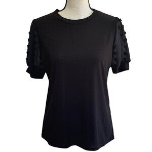 Chic Black Puff Sleeve Top Textured Dots Detail Dressy Casual Blouse Minimalist